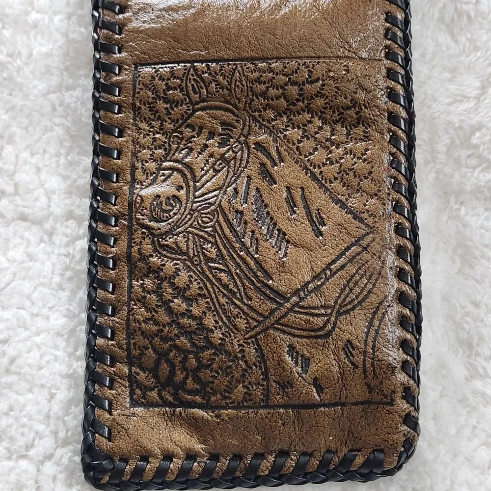 Vtg Hand Tooled Leather Braided Edge Bifold Wallet Western/Cowboy-Horse & Boots